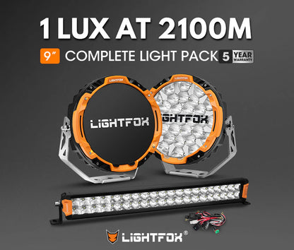 Lightfox Osram 9inch LED Driving Lights Spotlights + 20inch Dual Row LED Light Bar with Wiring Kit