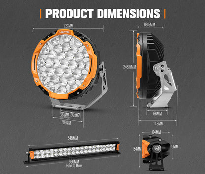 Lightfox Osram 9inch LED Driving Lights Spotlights + 20inch Dual Row LED Light Bar with Wiring Kit