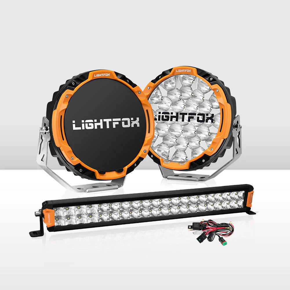 Lightfox Osram 9inch LED Driving Lights Spotlights + 20inch Dual Row LED Light Bar with Wiring Kit