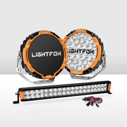 Lightfox Osram 9inch LED Driving Lights Spotlights + 20inch Dual Row LED Light Bar with Wiring Kit