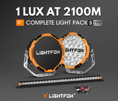 Lightfox Osram 9inch LED Driving Lights + 28inch Single Row LED Light Bar with Wiring Kit