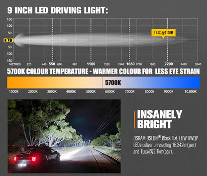 Lightfox Osram 9inch LED Driving Lights + 28inch Single Row LED Light Bar with Wiring Kit